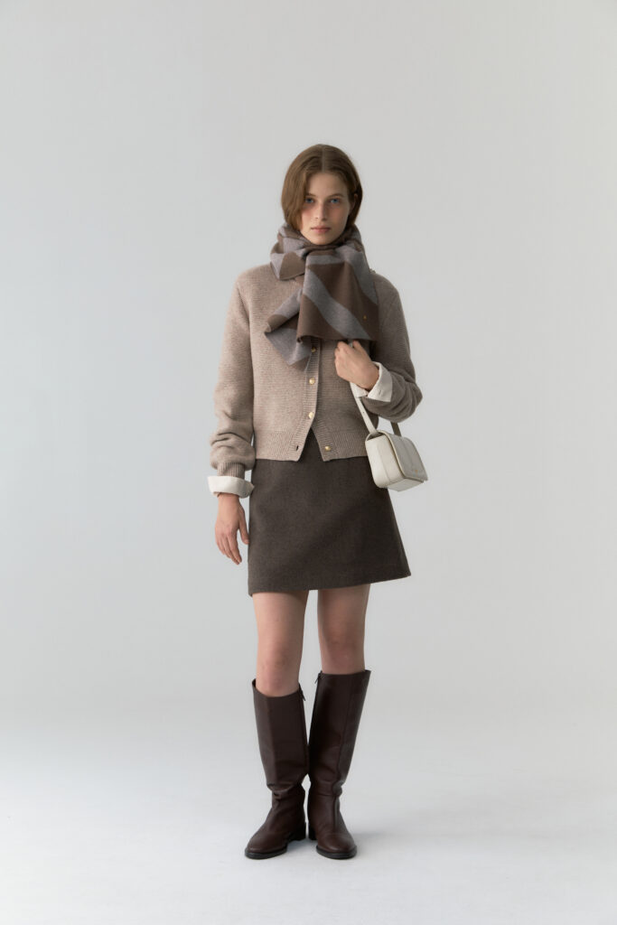 depound-wool mini skirt - brown, gold button wool cardigan - oatmeal