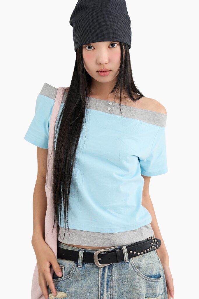 raucohouse オフショルダーオーバーサイズ半袖Tシャツ ツートン