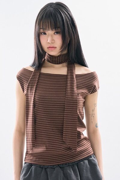 raucohouse ドレープボーダー2WAY半袖Tシャツ オフショルダー